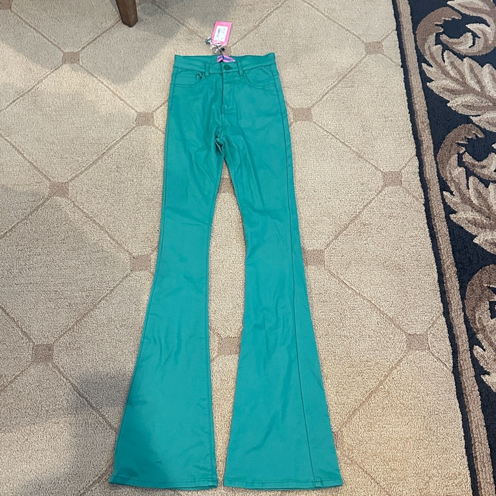 Edikted Green Faux Leather Flare Jeans